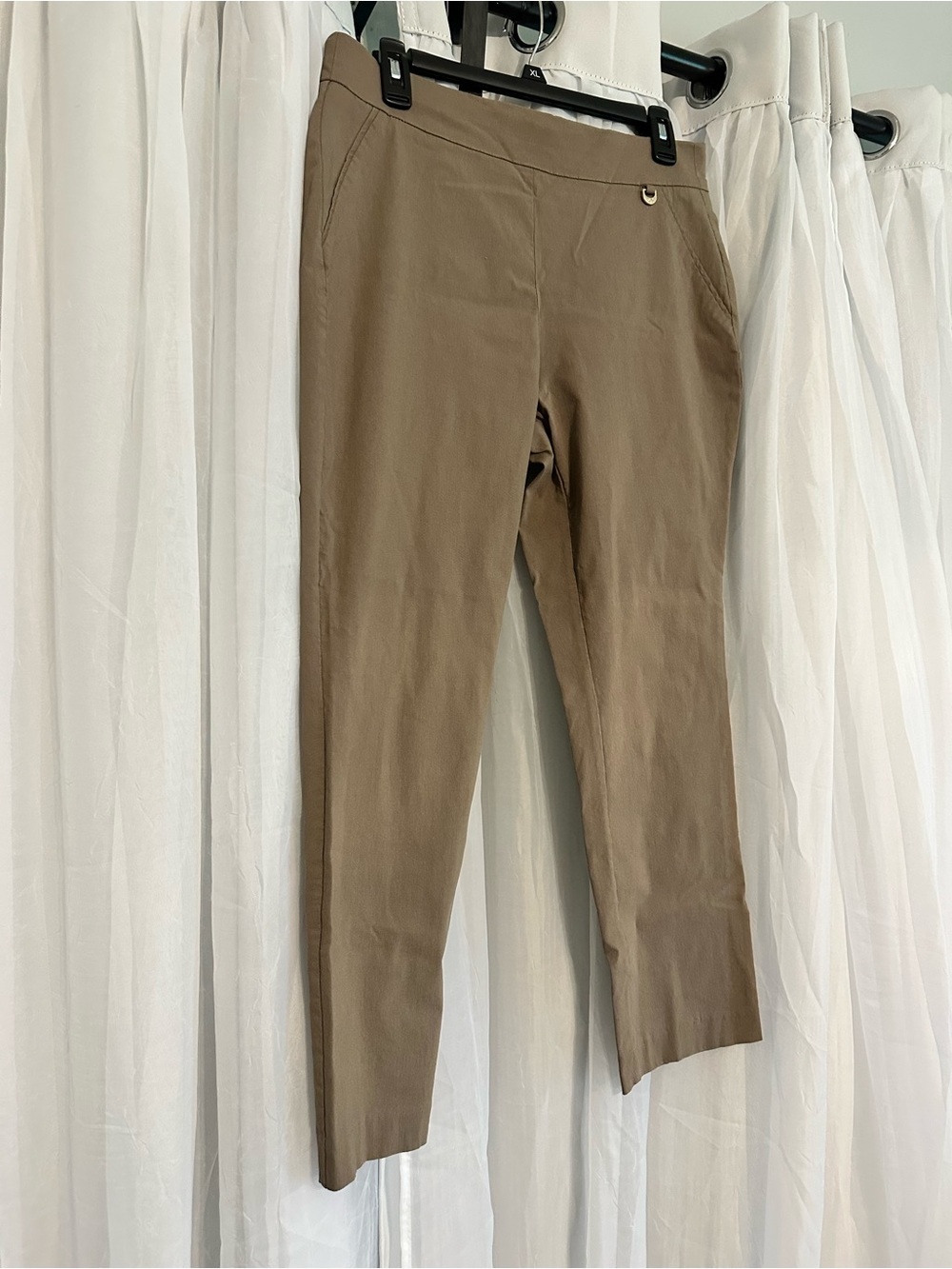 Rafaella Taupe Trousers. Pull on with stretch. Tapered leg